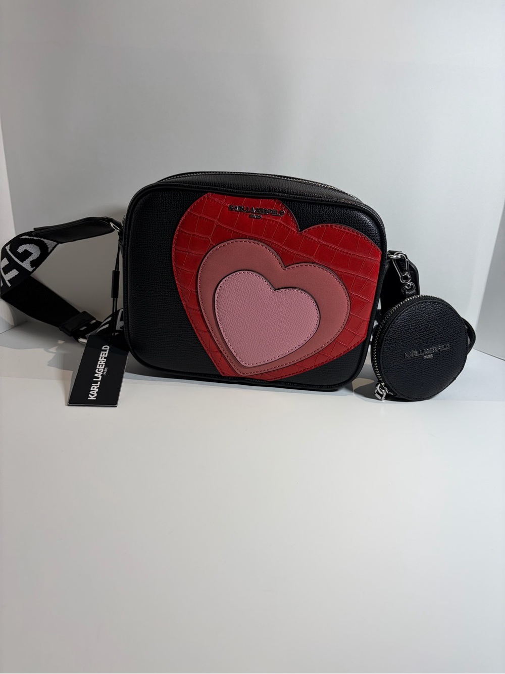 Karl Lagerfeld Black Crossbody with Red, Rose and Pink Heart Motif - Picture 2 of 16